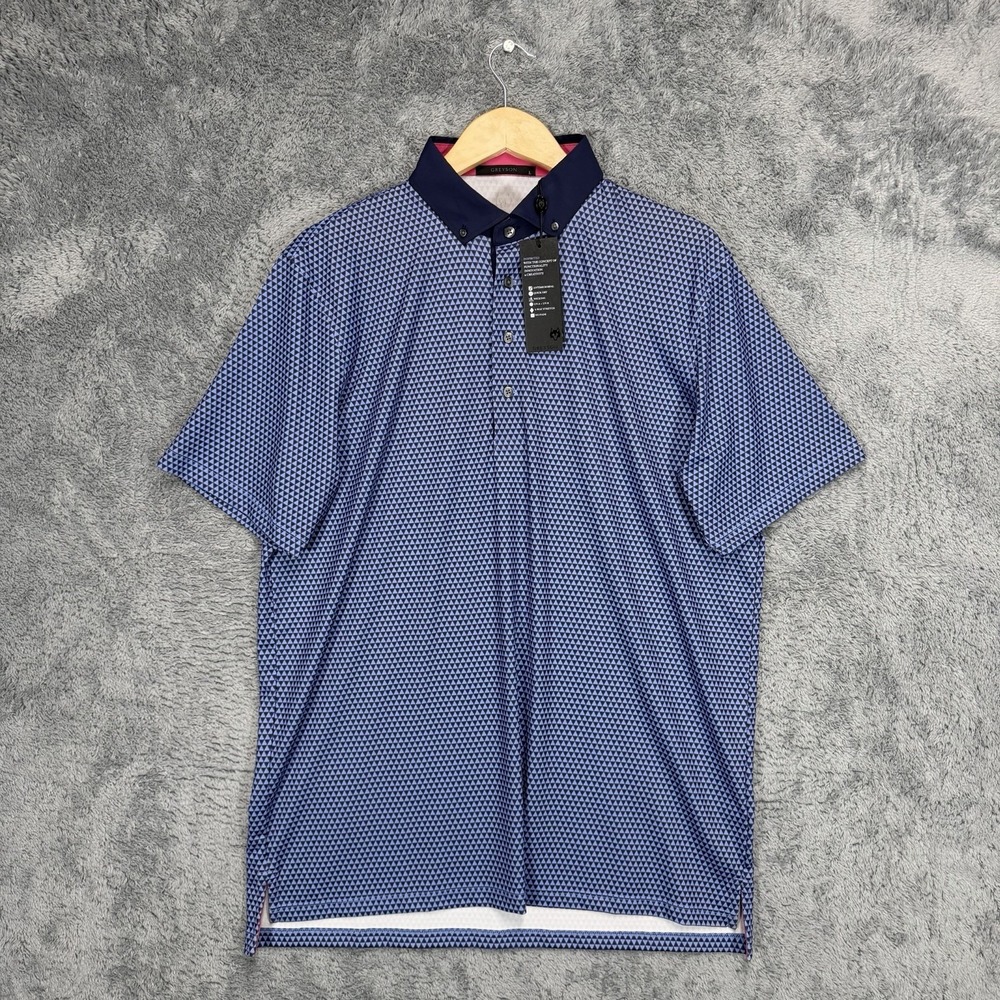 Greyson Moon & Mountain Polo Shirt Men L Blue Geometric Performance Stretch Golf